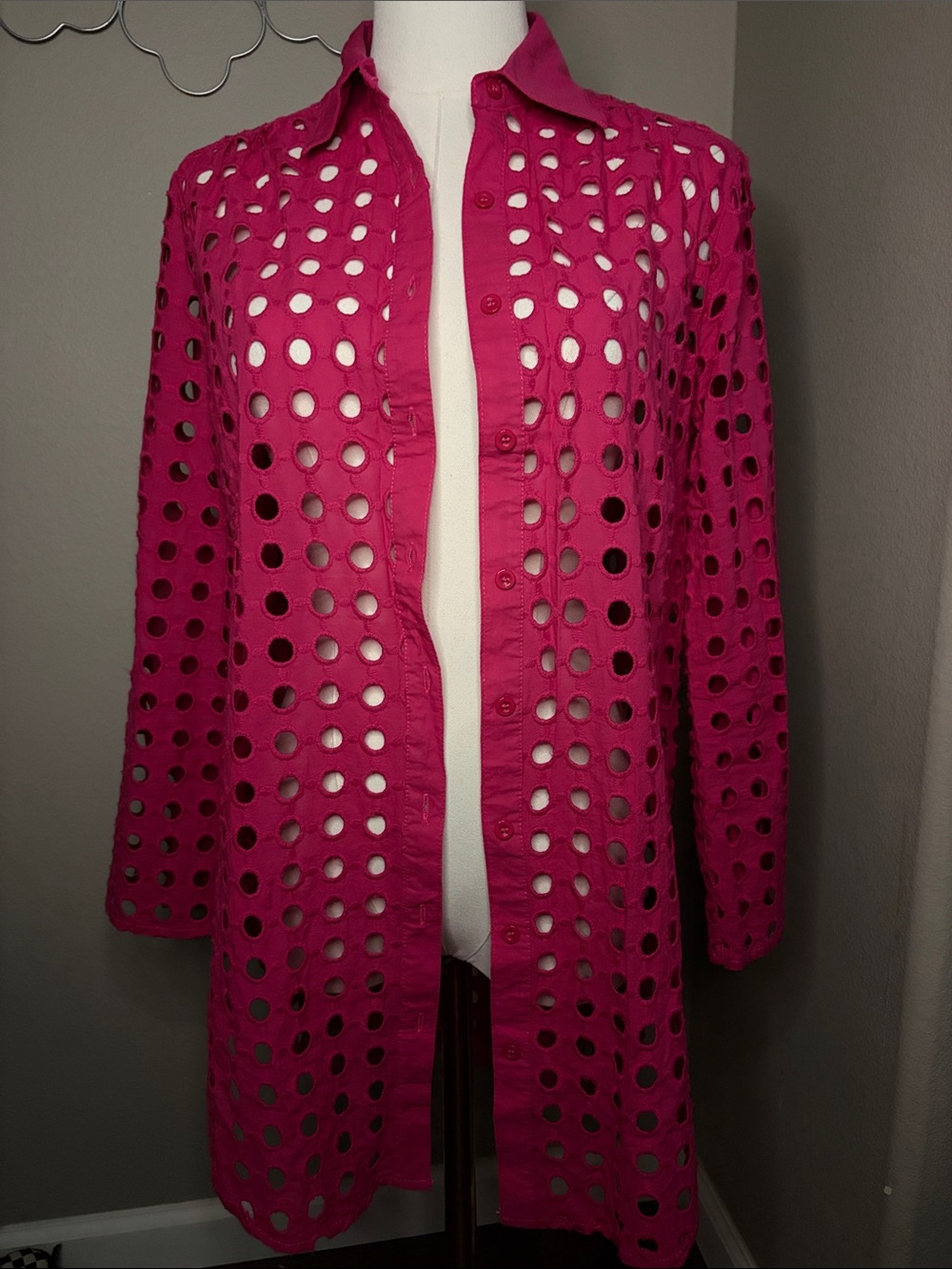 Adiva Fuchsia 100% Cotton Eyelet Cutout Duster Shirt Dress Cover-Up Size Small